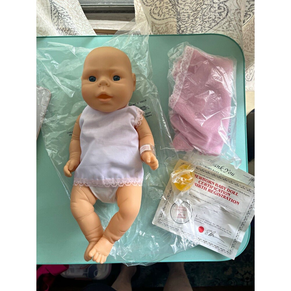 Vintage baby girl,doll vinyl bald blue eyes light complexion clothes birth cert.